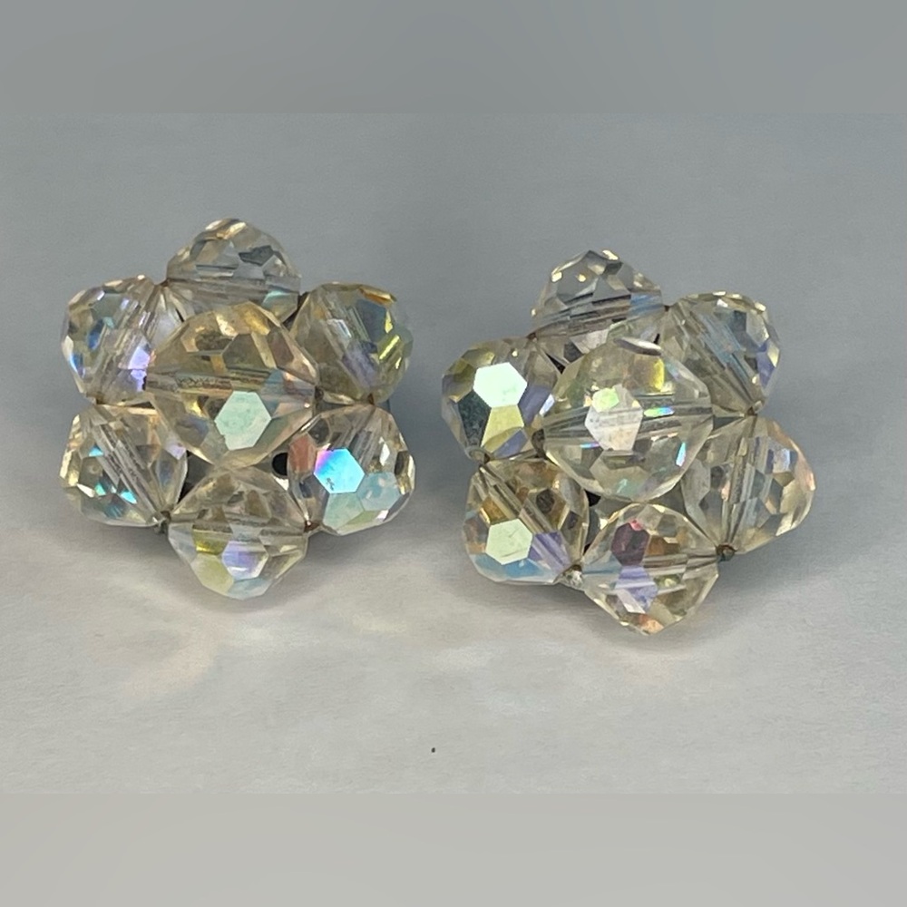 Iridescent Crystal Cluster Clip On Earrings